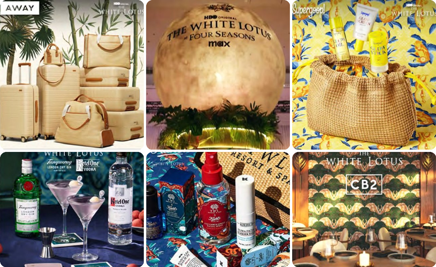 Grid of White Lotus brand partnerships across travel, beverage, beauty and home categories